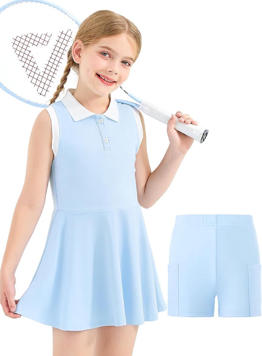Tennisjurk voor meisjes, met korte broek, mouwloos, atletische jurk, polojurk, golfoutfit met 2 zakken, voor sport-workout