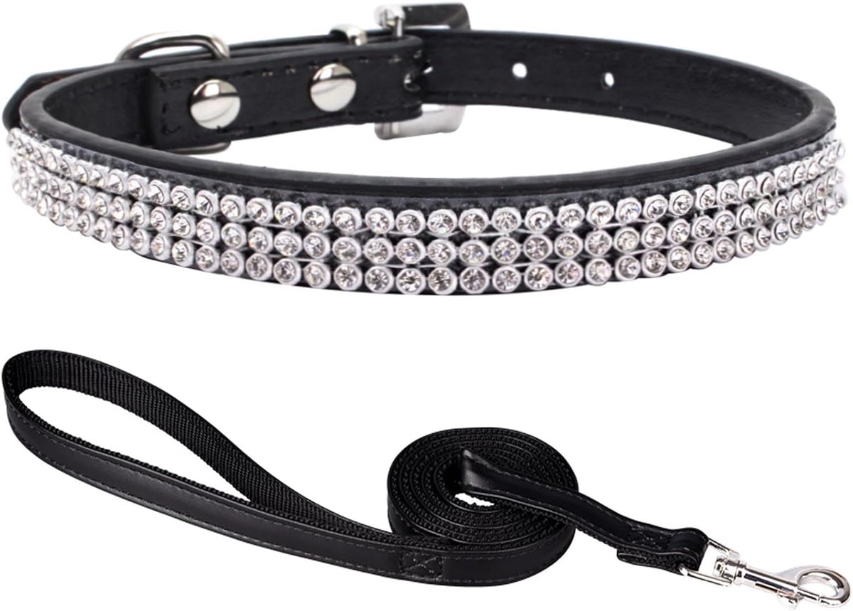 Kleine maat, halsband met strass steentjes voor honden, halsband en riem, verstelbare hondenhalsband voor kleine, middelgrote en grote honden, zwart, XS