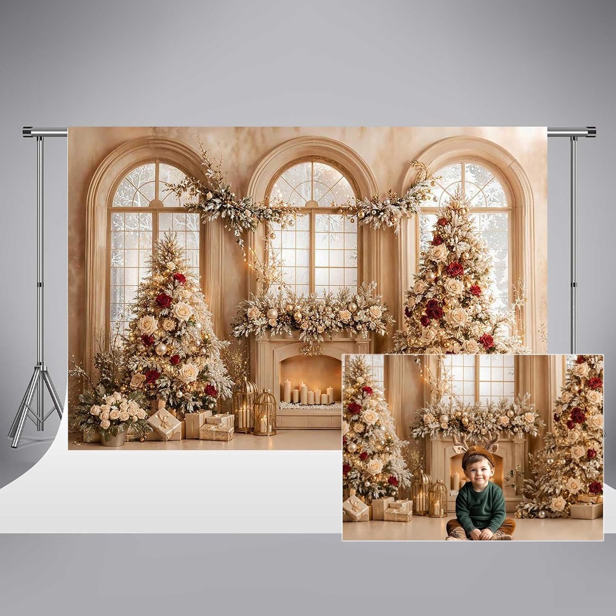 Kerst Fotografie Achtergronden 10x6.5ft/3x2m Kaars Open Haard Prachtige Artistieke Bloemen Xmas Boom Portret Foto Achtergrond Decoratieve Retro Beige Boog Muur Foto Achtergrond Studio