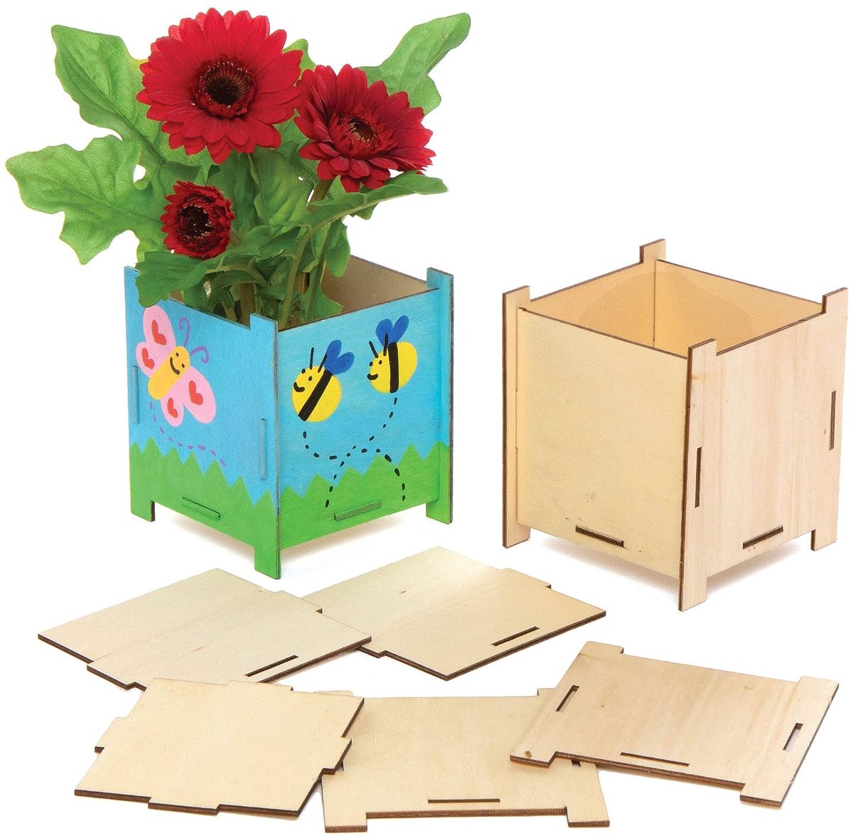 Houten Bloempot Kits, Creatieve kunst en ambachtelijke benodigdheden voor kinderen om te maken, te personaliseren en te versieren (Pack van 4), gesorteerd