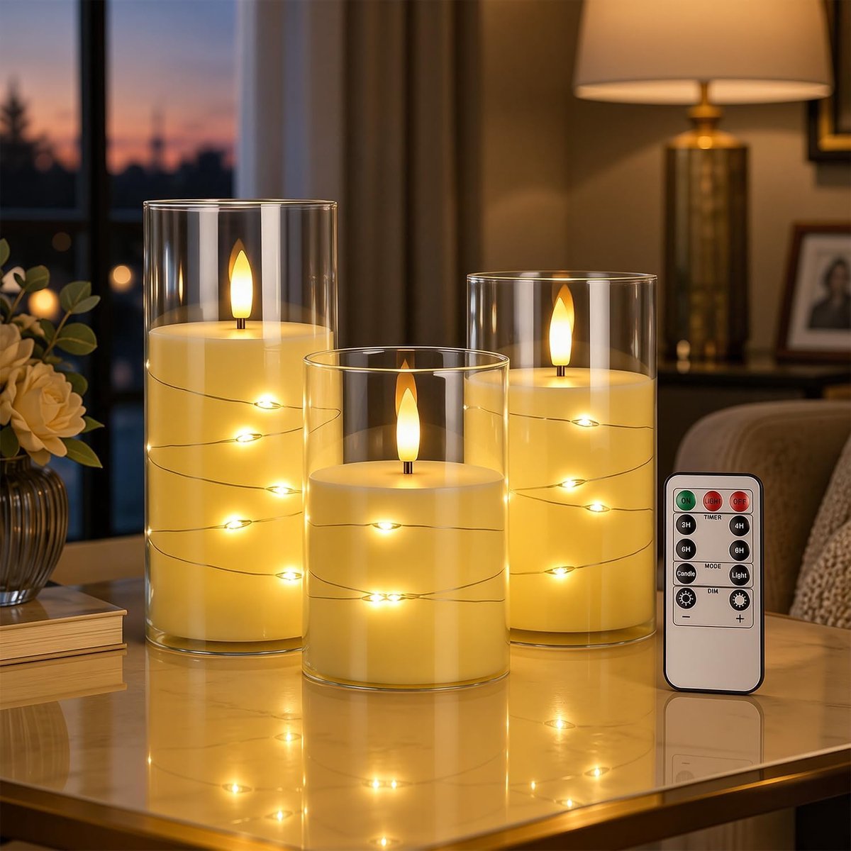 Led-kaarsen, met lichtsnoer, werkt op batterijen, set van 3