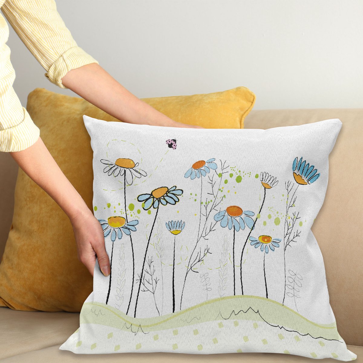 ABAKUHAUS Bloemen Sierkussenhoes, Gardening Thema Daisy Bloemen in Lente Illustratie Romantisch Ontwerp, Decoratieve Vierkante Sierkussenhoes, 50 x 50 cm, Geel Blauw