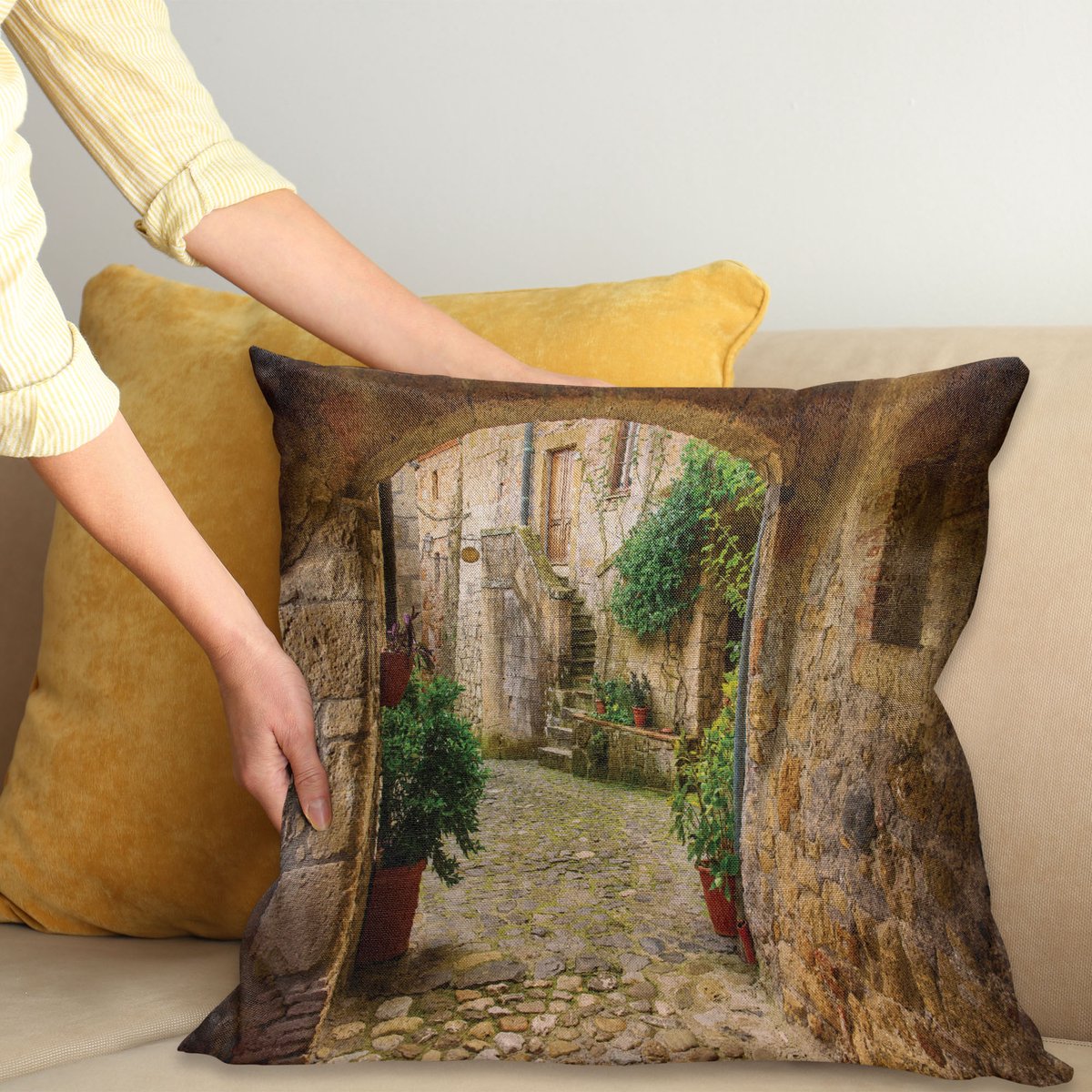 ABAKUHAUS Landschap Sierkussenhoes, Landschap from Another Door Antiek Stijl Steen Village Tuscany Italian Valley, Decoratieve Vierkante Sierkussenhoes, 40 x 40 cm, Licht Bruin