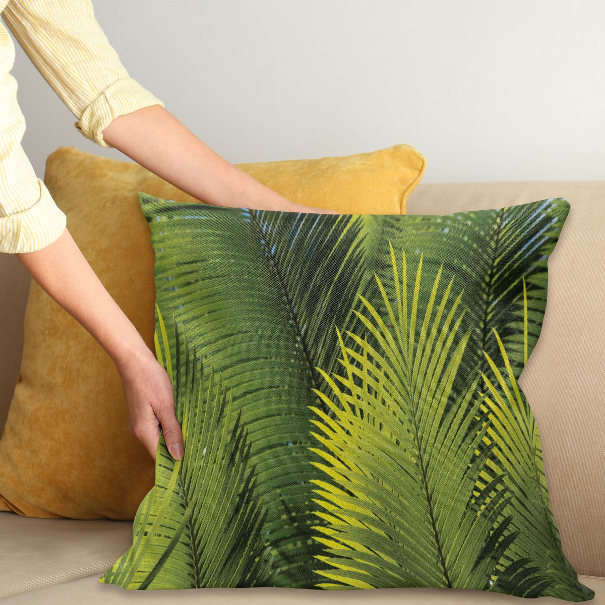 ABAKUHAUS Palm Boom Sierkussenhoes, Fresh Boom Bladeren Evergreen Flowering Wild Planten Bush Tropisch Natura Kunst Afbeelding, Decoratieve Vierkante Sierkussenhoes, 50 x 50 cm, Groen
