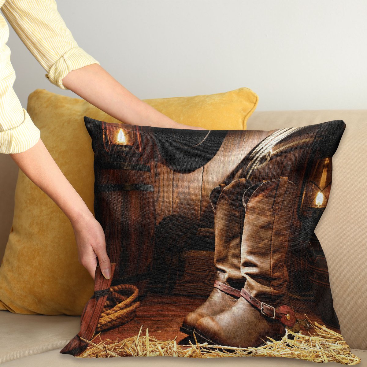 ABAKUHAUS Western Sierkussenhoes, Wild West Thema met Boots in een Houten Kamer met Folkloric Oud Fashioned Sport Thema van Kunstwerk, Decoratieve Vierkante Sierkussenhoes, 40 x 40 cm, Bruin