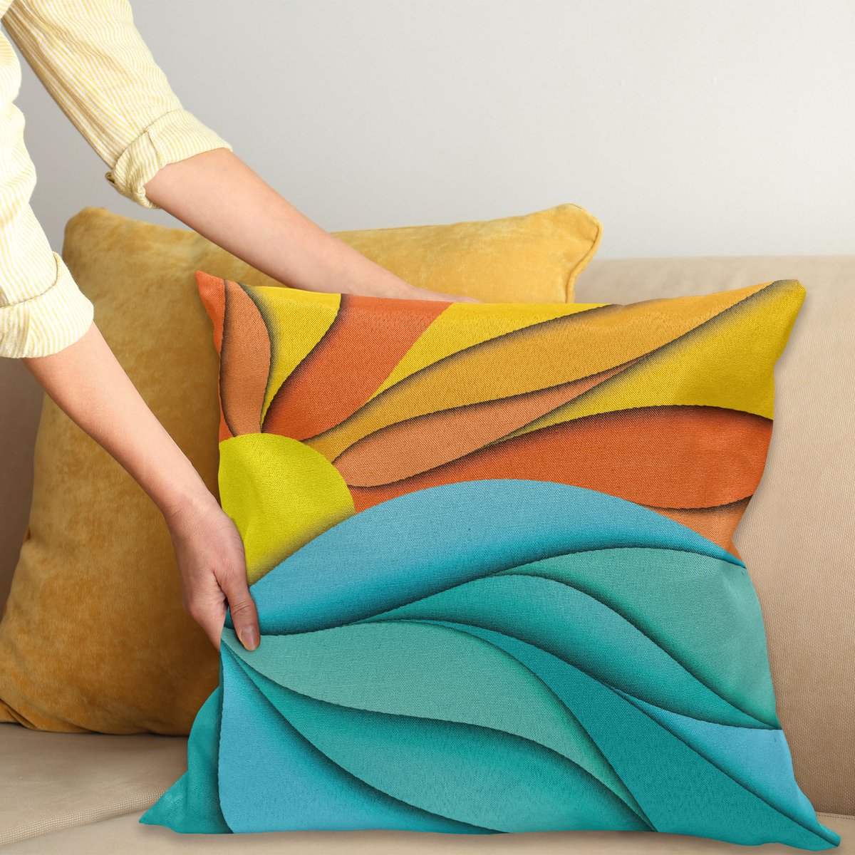 ABAKUHAUS Zon Sierkussenhoes, Abstract Sunset en Sunrise Concept met Oceaan Zee Golven Achtergrond, Decoratieve Vierkante Sierkussenhoes, 40 x 40 cm, Turquoise Oranje