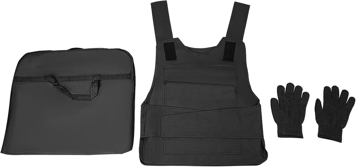 Outdoor veiligheidsvest, tactisch vest, verstelbaar trainingsvest 55 x 53 cm met snijbeschermende handschoenen en tas, 600D nylon/mangaanstaal, zwart, voor outdoortraining