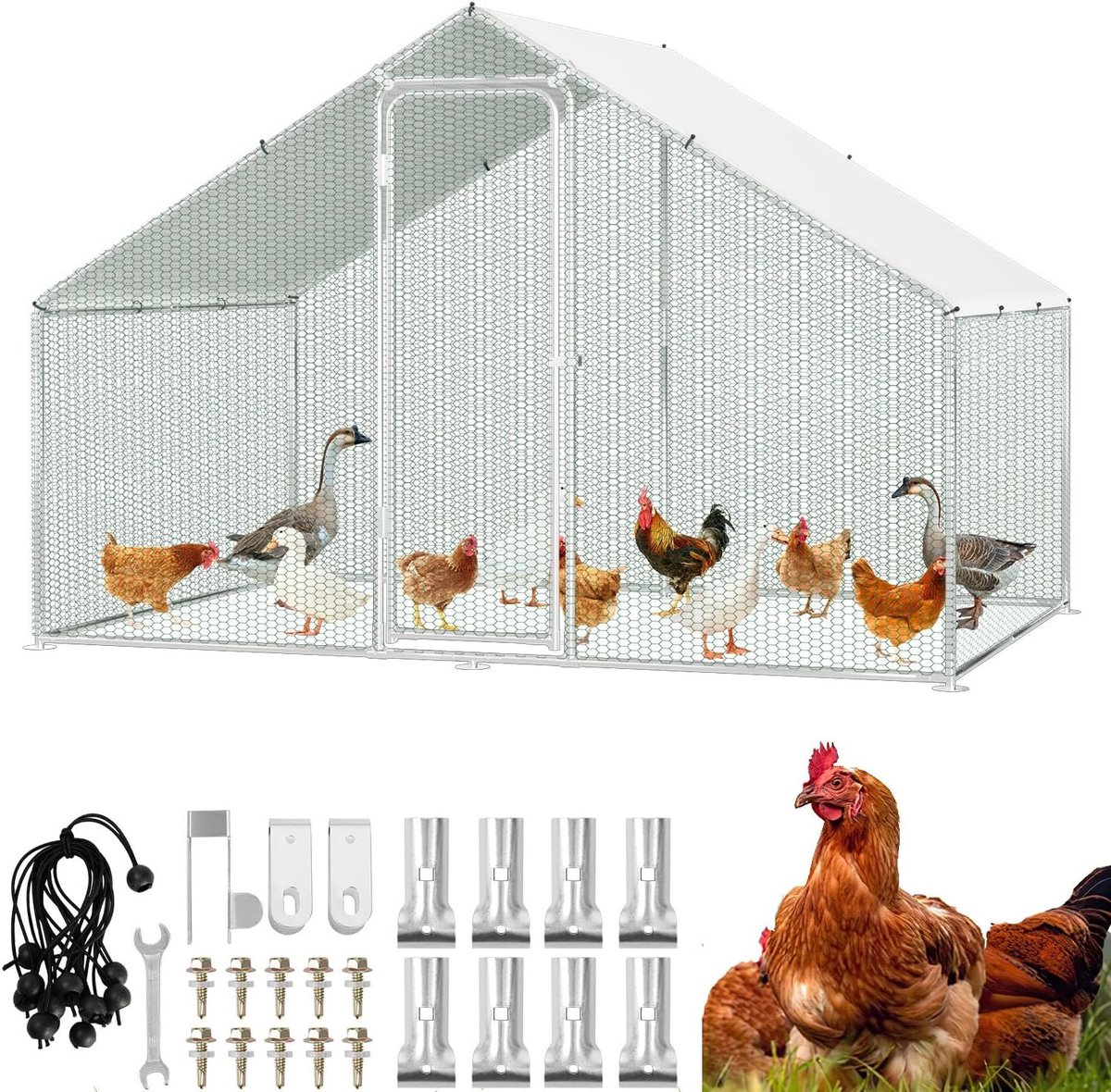 Vrijloophok kippenhok, 3x2x2m metalen kooien voor kleine dieren met veiligheidsslot en waterdichte kippenuitloop-afdekking, vrijloophok voor kippen, vogelkooi, planten