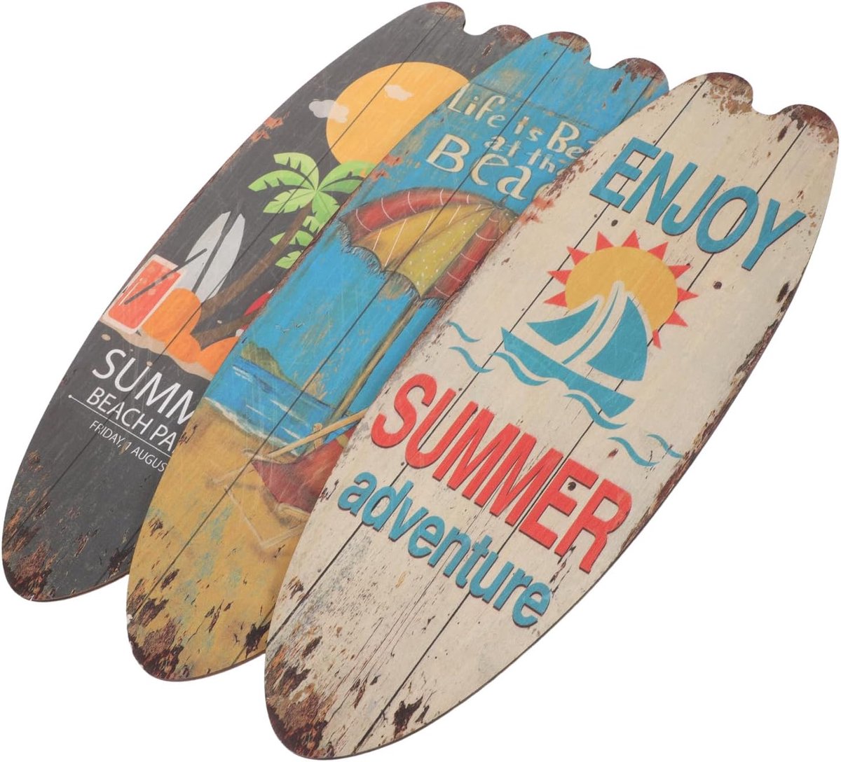 3 Stuks Delige Houten Surfplank Wanddecoratie Pastel Strandthema Muurplaten Duurzaam Oceaandecor voor Badkamer Tuin Zomerse Tropische Feeststijl