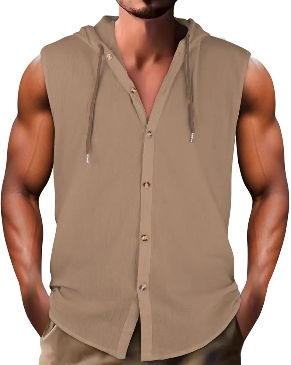 Mouwloos overhemd voor heren, casual zomerhemd met capuchon met knopen, Hawaïaanse overhemden zonder mouwen