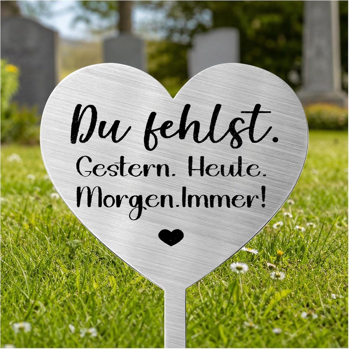 Grafdecoratie in hartvorm van roestvrij staal, weerbestendig, met spreuk "Wir vermissen dich". Gesteren. Heute Morgen. Altijd! Grafdecoratie met urnen voor Kerstmis