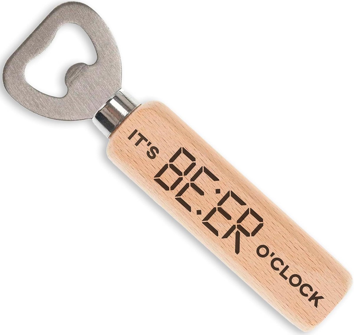 Flesopener, grappig hout, bieropener voor mannen met spreuk It's Beer o'clock, aan beide zijden gegraveerd, cadeau voor Vaderdag en verjaardag, opa-cadeau (Beer o'clock)