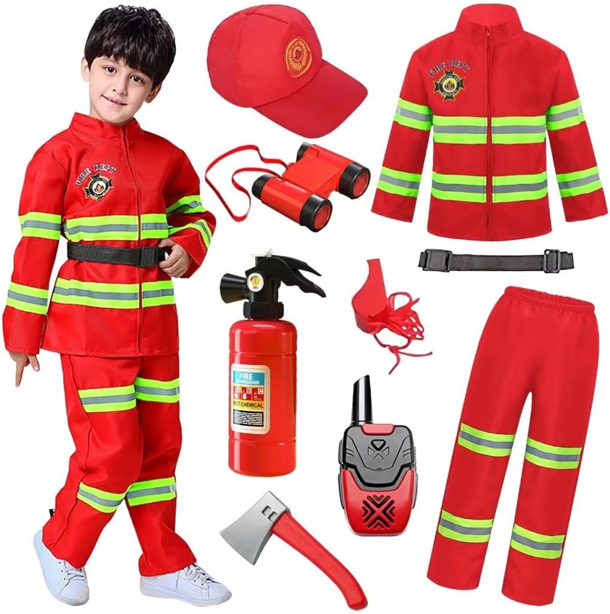 Brandweermankostuum voor kinderen, brandweerman met brandweerman, speelgoed, brandweerman, accessoires voor carnaval, Halloween, rollenspel, cadeau, 2-9 jaar