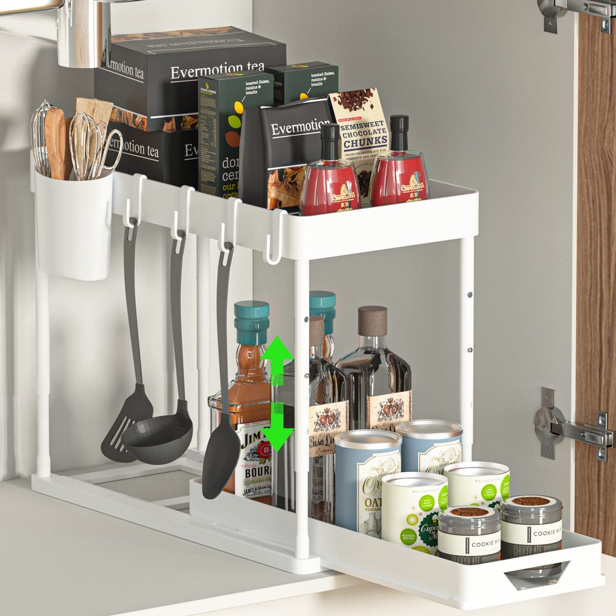 Famanu – Ondergootsteenrek, keukenrek, 2-traps lade-organizer, tilbare kast, met 4 haken, 8 antislip pads en 1 hangbeker, van kunststof (wit)