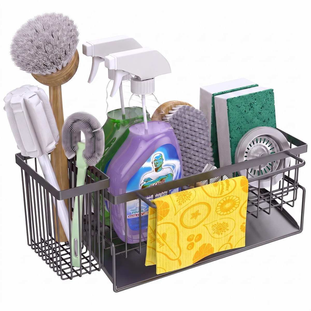Famanu – Aanrecht Spons Caddy Met Hoge Borstelhouder, Badkamer Accessoires Zeepdispenser Stand, 304 Roestvrije RVS Opslag Accessoire Met Handdoekenrek, Zelfdrainerende Aanrecht Sink Organiser-Wit