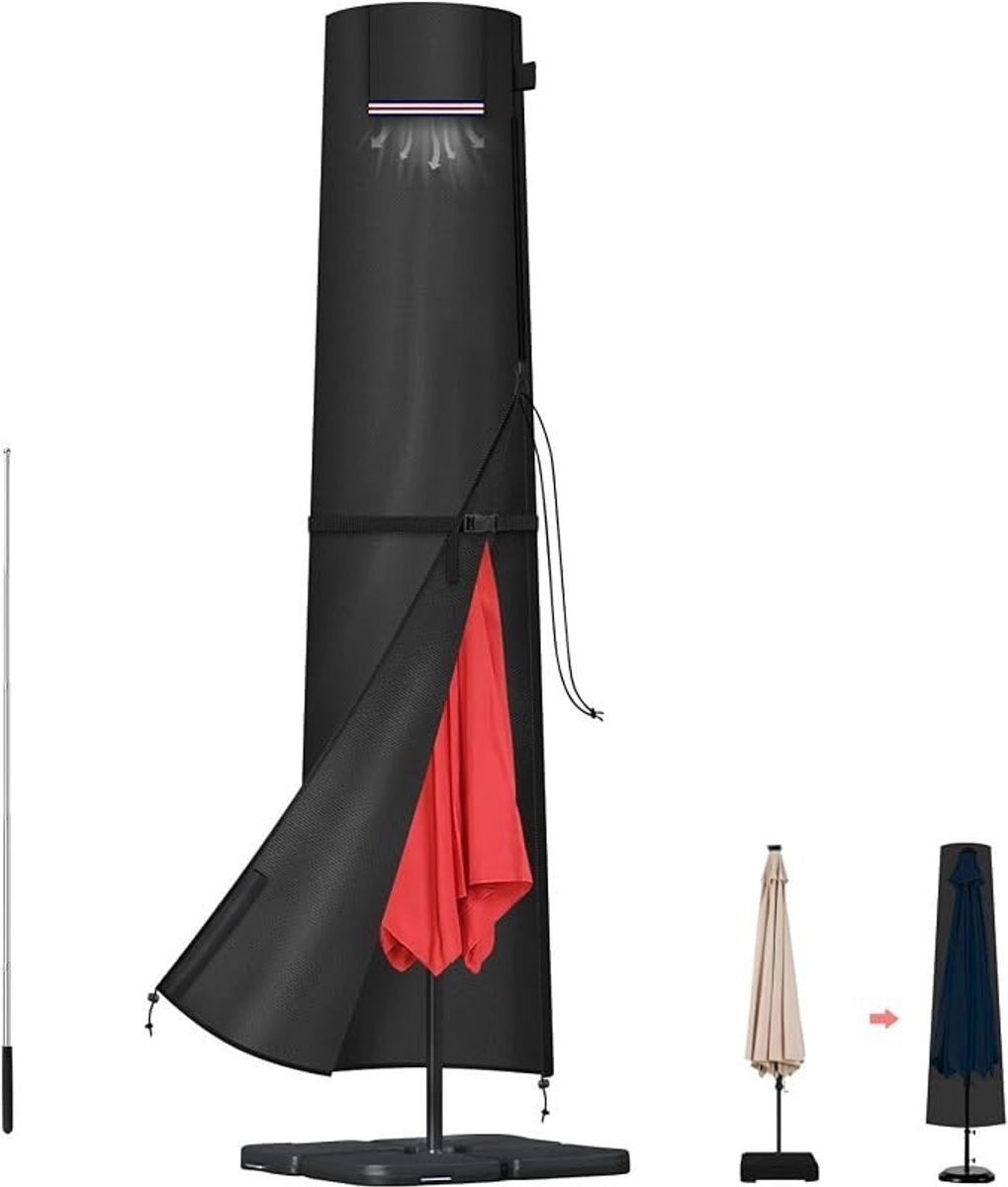 Livatto Parasolhoes Waterdicht 420D Oxford met Telescopische Stang en Rits – Beschermhoes voor Parasol Ø 2-4m, Zwart