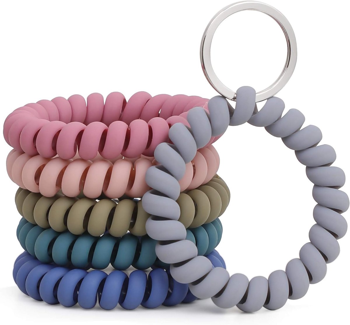 6x Sleutelspiraal Polsbandje - Elastische Spiraal Armband met Sleutelring - Meerkleurig - voor Sleutels, ID-badge, Sport, Zwembad en Sauna