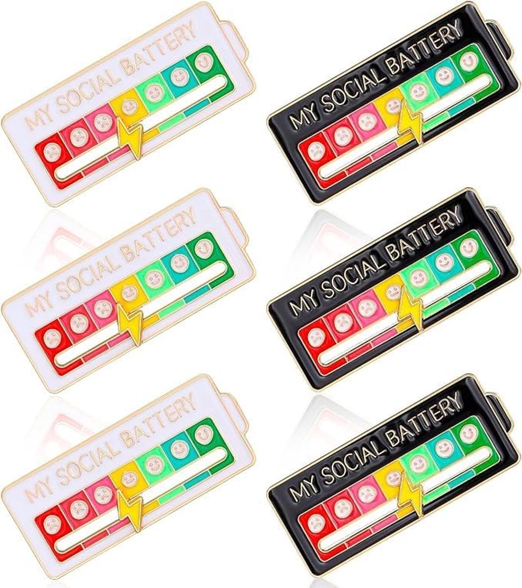 Set van 6 sociale batterijspelden met 7 modi, verstelbaar, stemmingsbarometer, sociale batterijbroches, voor jas, rugzak, tas, cadeau, vrienden en collega's, zwart en wit