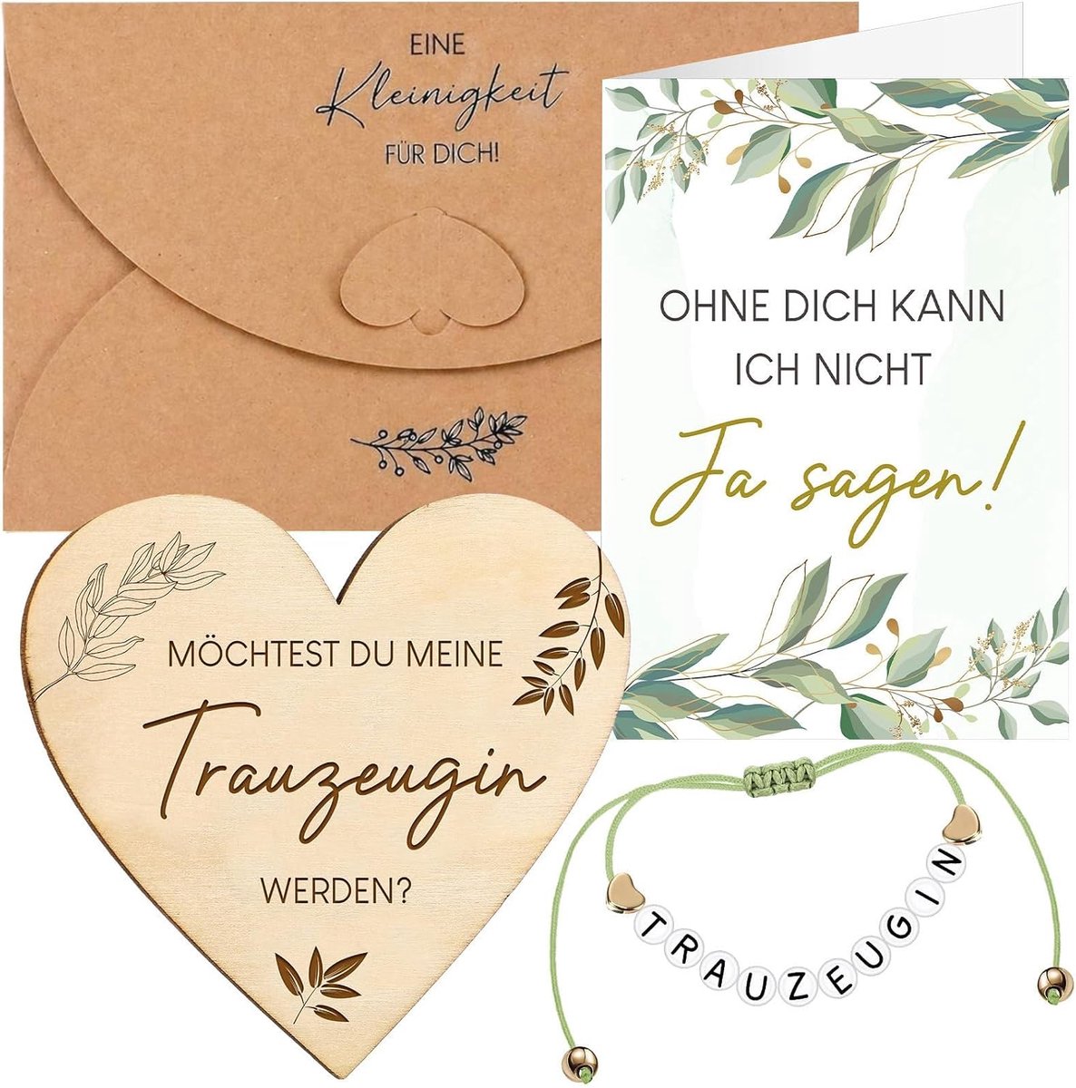 Cadeauset voor bruidsmeisjes, 4-delig, harsarmband, vouwkaart, envelop en houten hart, elegante accessoires voor bruidsmeisjes en bruidsmeisjes, verstelbaar en beschrijfbaar