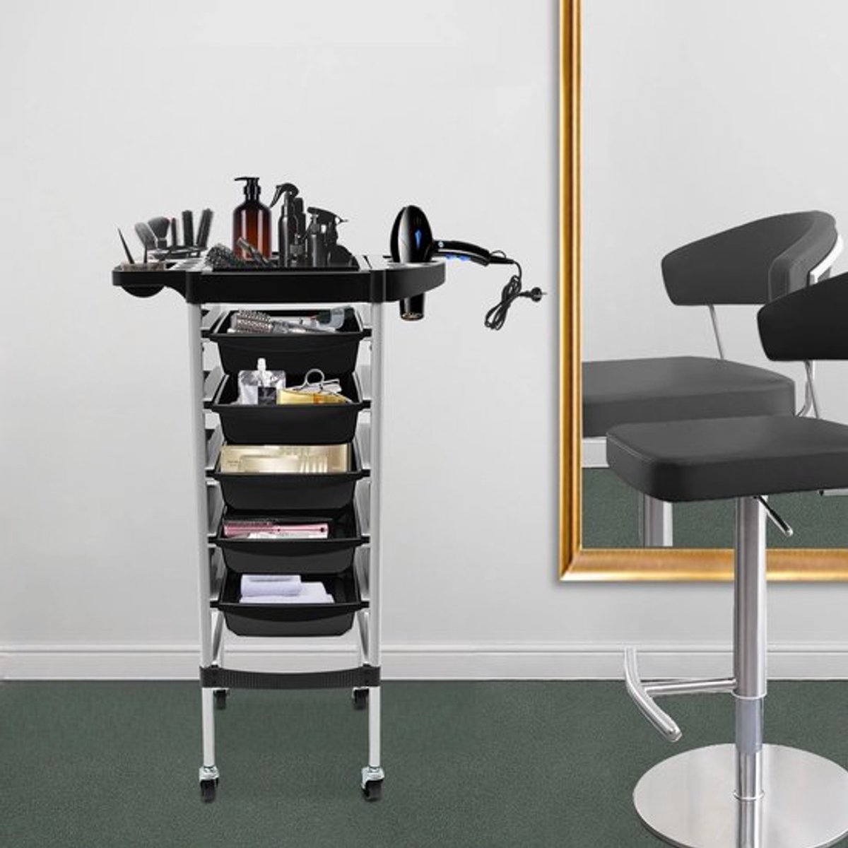 Kapperswagen Zwart - 5 Laden En Wielen - RVS En Kunststof - Salonmeubilair - Salontrolley