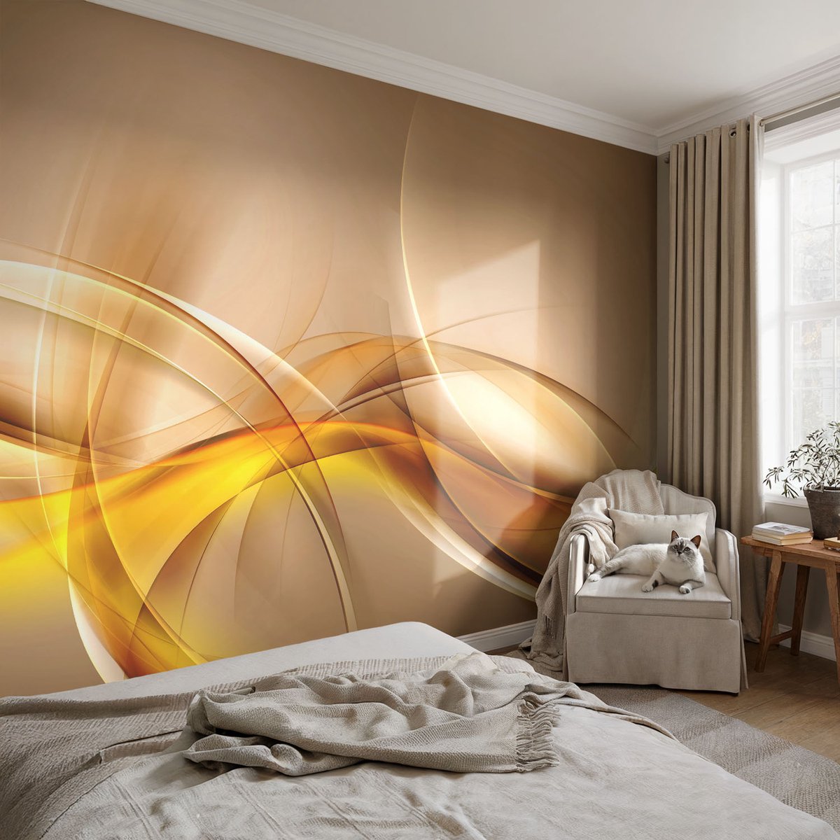 Coloray Vliesbehang - Beige Snellijm Behang - 104x70 cm - Zachte Lijnen Muurschildering - Gang behang Abstractie - Fotobehang Vlies - Slaapkamer behang