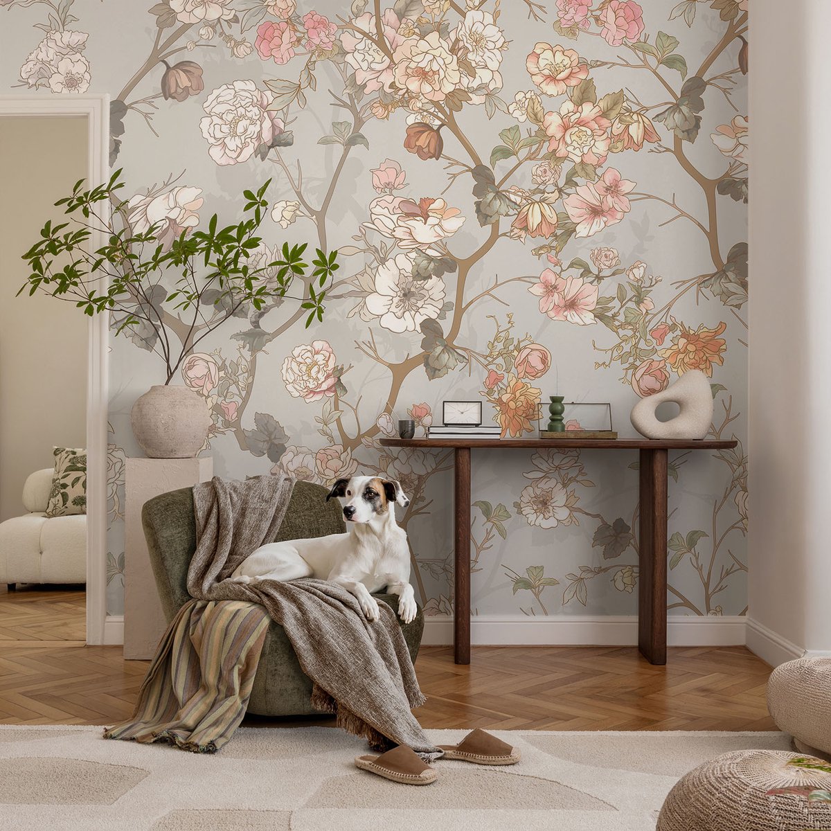 Coloray Vliesbehang - Grijs Snellijm Behang - 104x70 cm - Romantisch Patroon Fotobehang Vlies - Woonkamer behang Bloemen En Planten - Muurschildering - Woonkamer behang