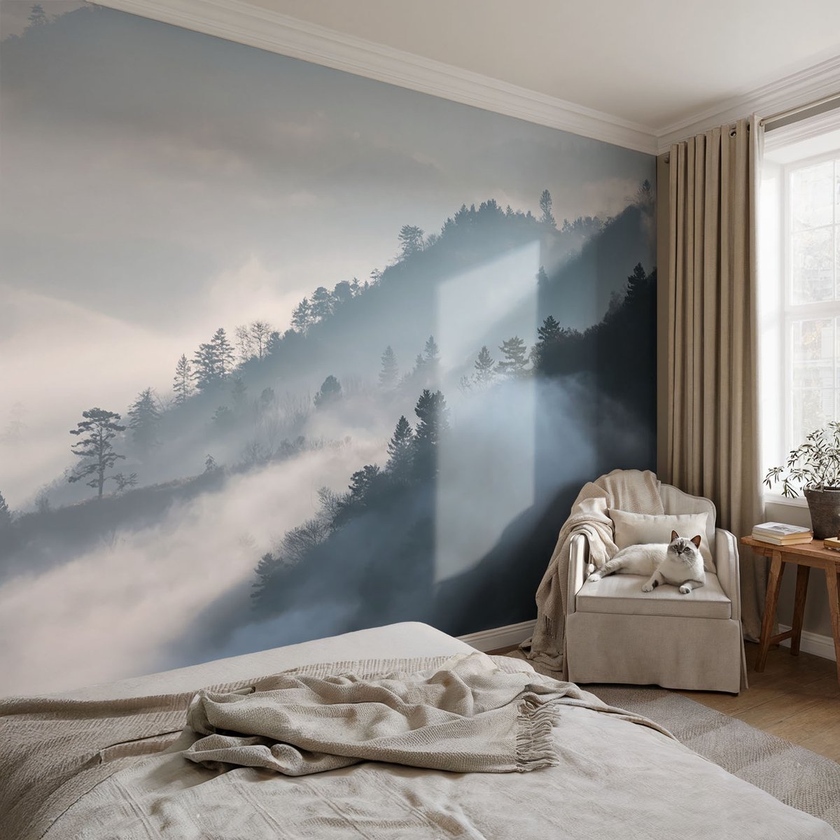 Coloray Vliesbehang - Wit Snellijm Behang - 104x70 cm - Mistig Landschap Fotobehang Vlies - Hal behang Landschappen - Muurschildering - Hal behang