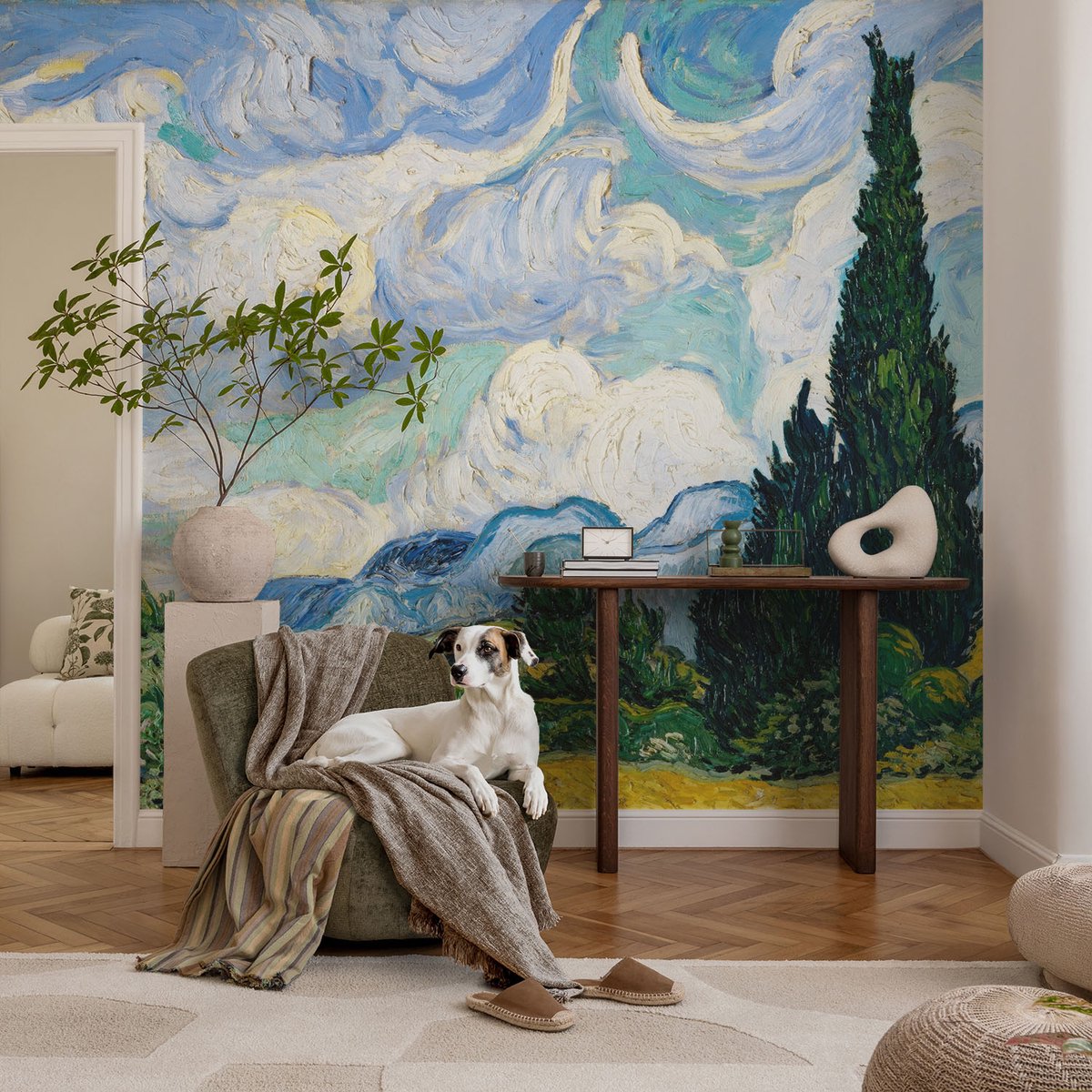 Coloray Vliesbehang - Blauw Snellijm Behang - 104x70 cm - Expressieve Wolken Muurschildering - Slaapkamer behang Deel - Fotobehang Vlies - Slaapkamer behang
