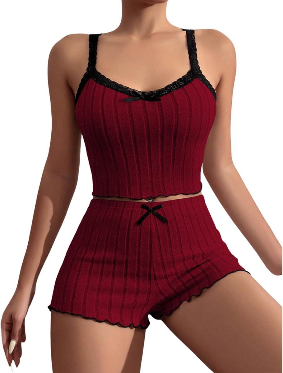 Kanten pyjama voor dames, geribbelde pyjama, 2-delige cami top en shorts, mouwloos, nachtkleding, U-hals, bovenstuk, elastische slaapshort, buikvrij, camisole, ruches, loungewear, elegant huispak