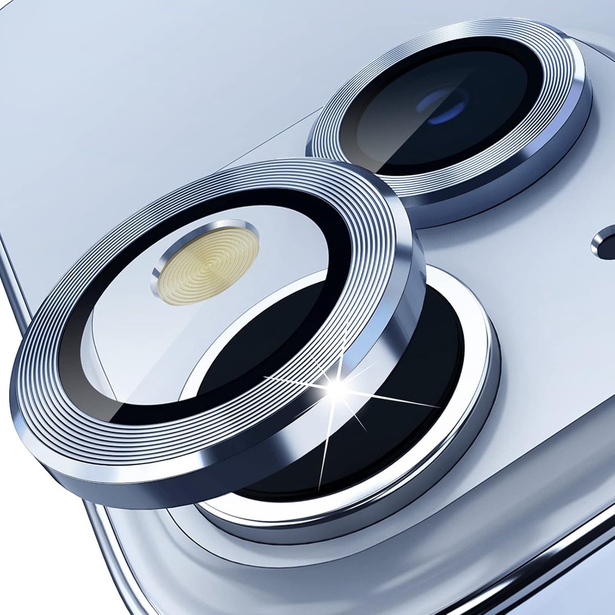 Imluckies [Upgrade] Compatibel met iPhone 15 14/iPhone 14 15 Plus cameralensbeschermer, anti-kras HD gehard glas lens schermbescherming, metalen individuele lensring, lichtblauw