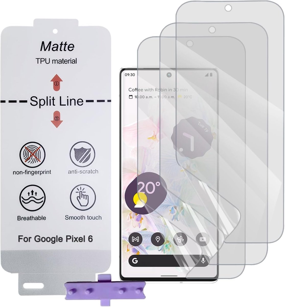 Schermprotector Matte voor Google Pixel 6, 3-pack Antireflecterende TPU Hydrogelfolie voor Telefoon, Matte Screenprotector, Anti-vingerafdruk (Geen gehard glas)