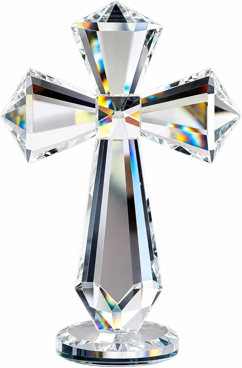 Kristallen kruis bureaudecoratie - 15,5 cm christelijk spiritueel geschenk, helder kristal religieus standbeeld, 360° veelzijdig ontwerp, inspirerende decoratie voor thuisaltaar