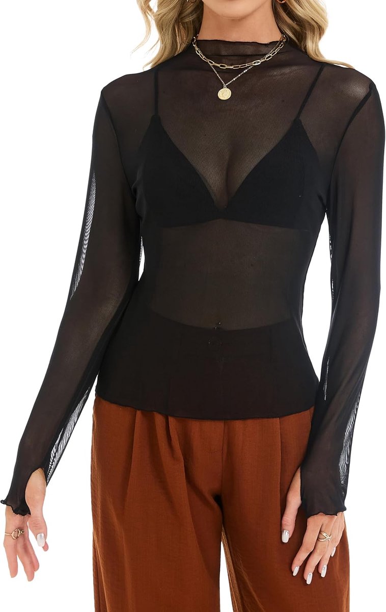 Mock Neck Lace Sheer Tops Semi-transparante basislaag Pullover