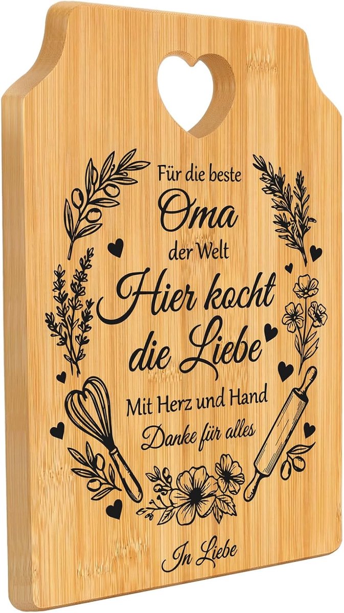 Cadeau - bamboe snijplank met harthandvat & romantische bloemenkrans gravure, beste oma geschenken - voor de beste oma ter wereld - verjaardag Moederdag Kerstmis Moederdagcadeau