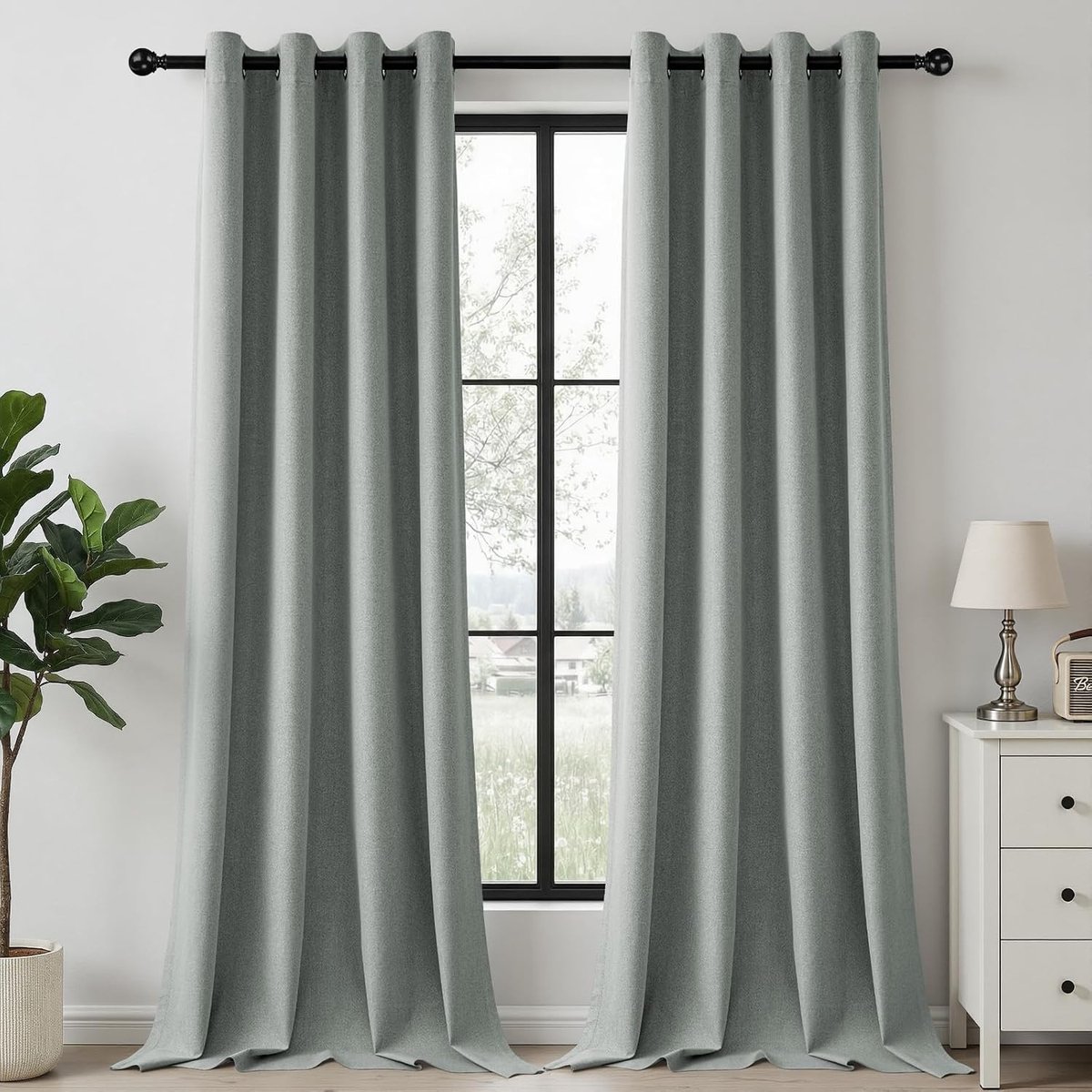 100% verduisterend, linnenlook, H 260 x B 140 cm, Saliegras thermogordijnen met oogjes, set van 2 voor slaapkamer, woonkamer en kinderkamer