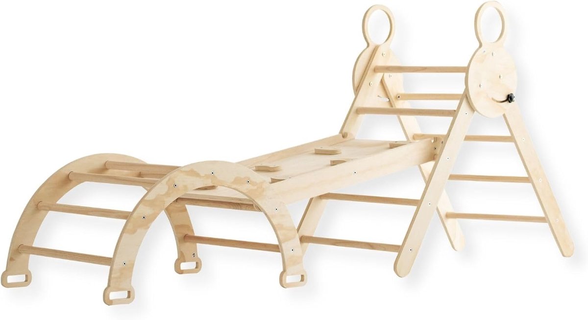 Klimrek – Houten Klimrek met Klimboog & Klimhelling met Glijbaan – Montessori Speelgym voor Binnen – 176x47x68 cm – Naturel