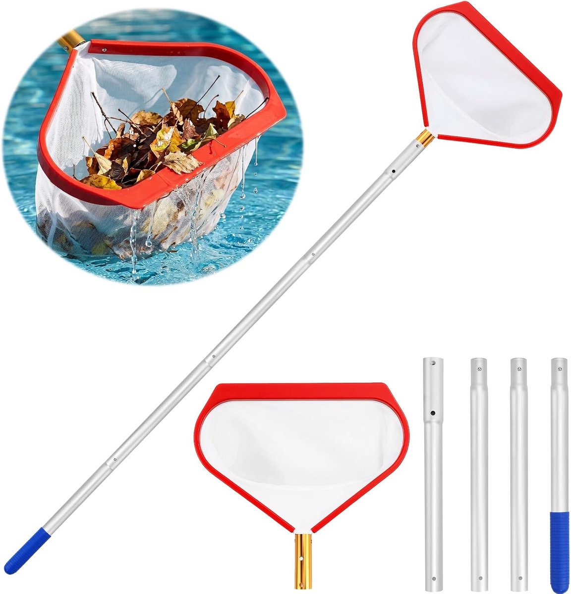 Schepnet algenschepnet zwembad schepnet vijver fijnmazig stabiel aluminium met telescoopstang (1,4 m lang, 40 cm breed) voor vijver, zwembad, waterpark, fontein