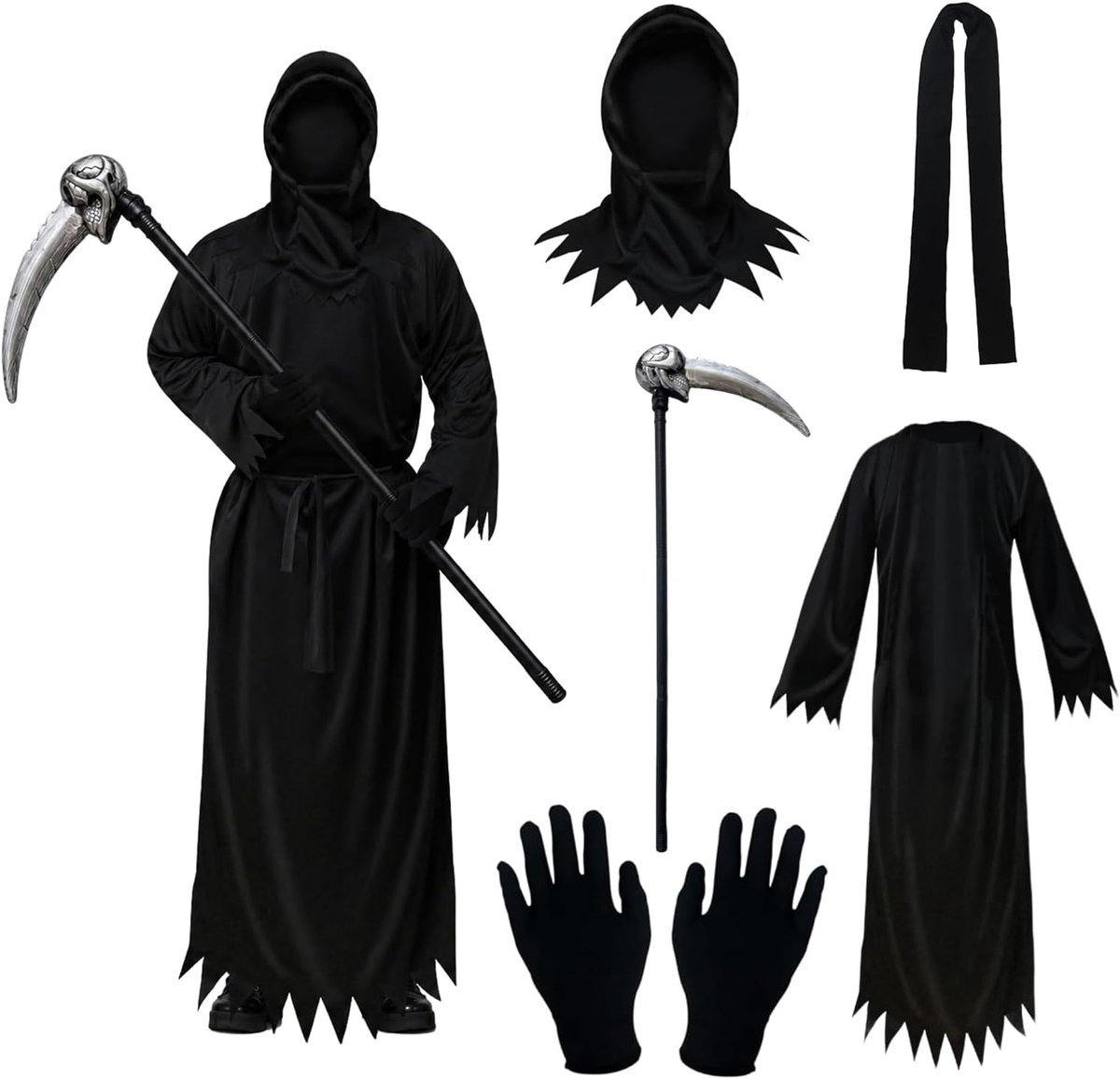 Versenmann-kostuumset, griezelig Halloween-kostuum voor heren, ideaal voor Halloween-kostuums, griezelfiguren, met capuchon, cape, handschoenen en zintuigen (zwart, maat L)