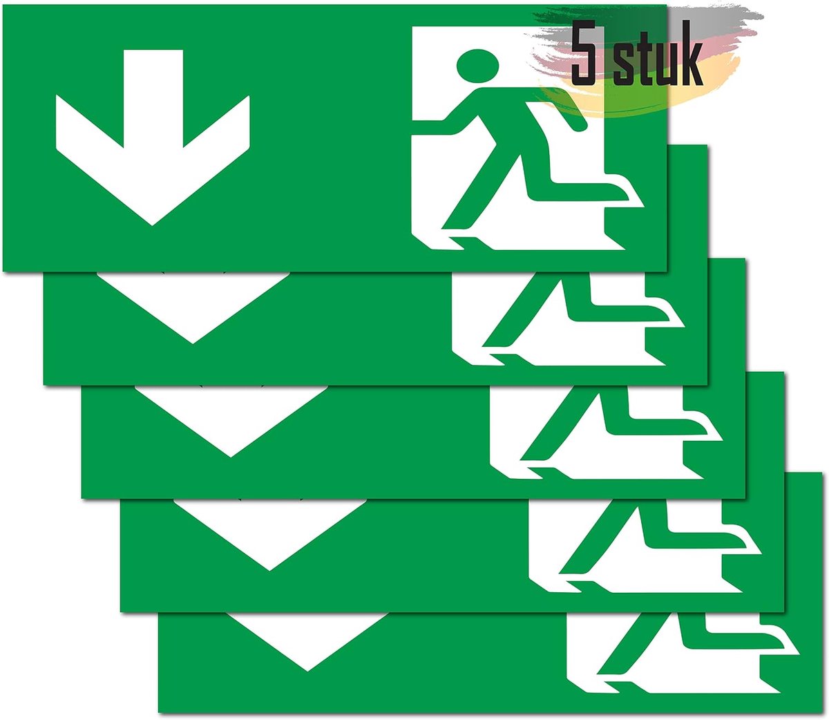 5 stuks premium stickers - 24 cm x 9 cm vluchtwegschild - schild nooduitgang sticker - voor informatiebord, reddingsweg, vluchtweg, nooduitgang, veiligheidmarkering (Pijl ↓)