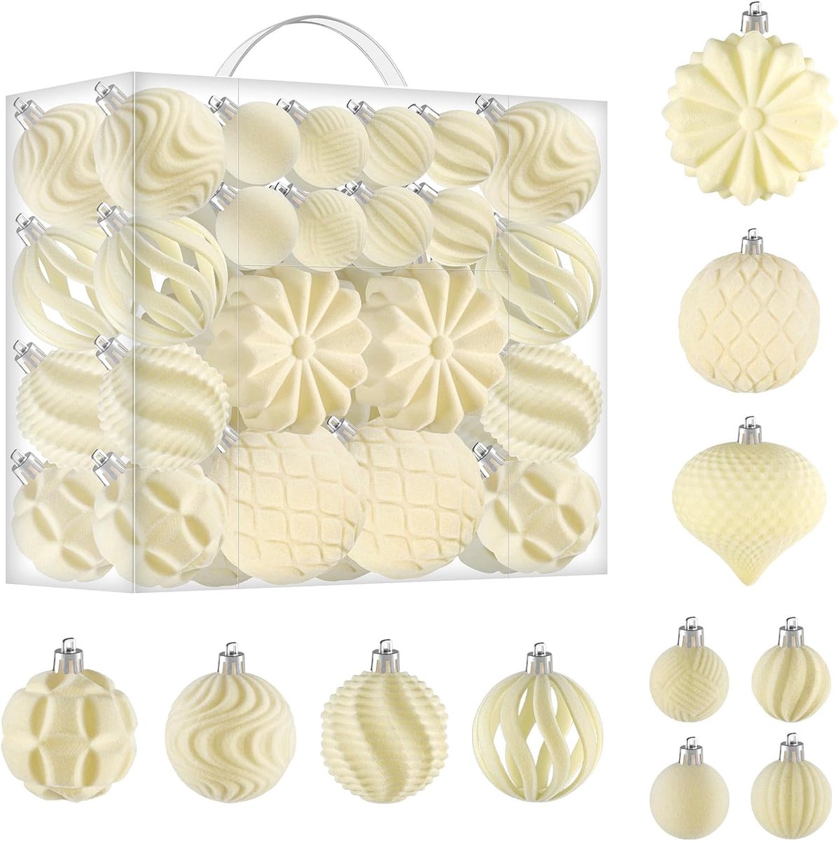 Kerstballen, Kerstversieringen,48 stuks onbreekbare kerstversiering in 3 formaten en diverse ontwerpen,Crèmebeige
