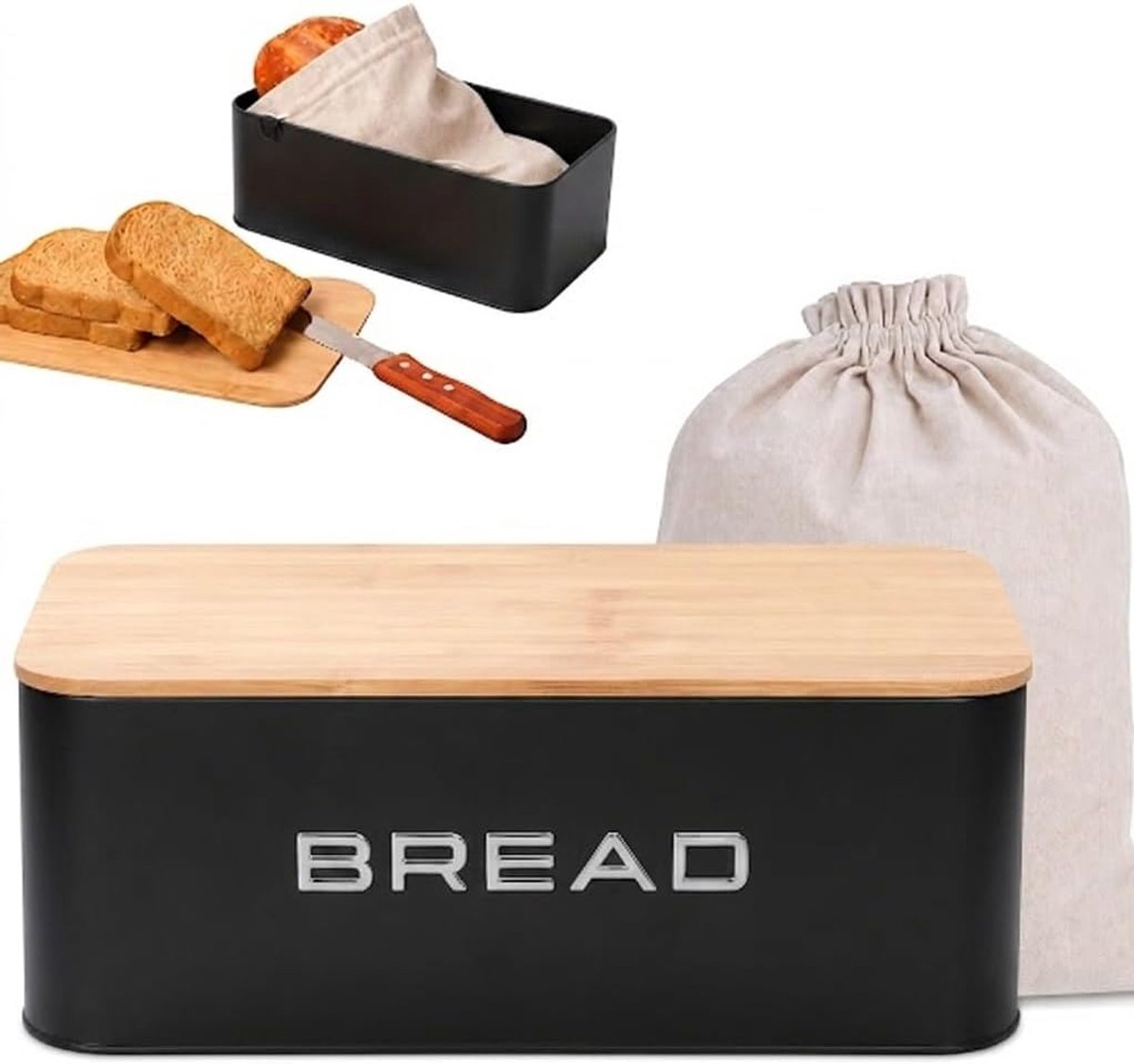 Broodtrommel van Metaal met Bamboe Deksel – Inclusief Katoenen Broodzak – Modern Design met Ventilatie – Brooddoos voor Keuken of Tafel – 34x19x12,5 cm - Zwart