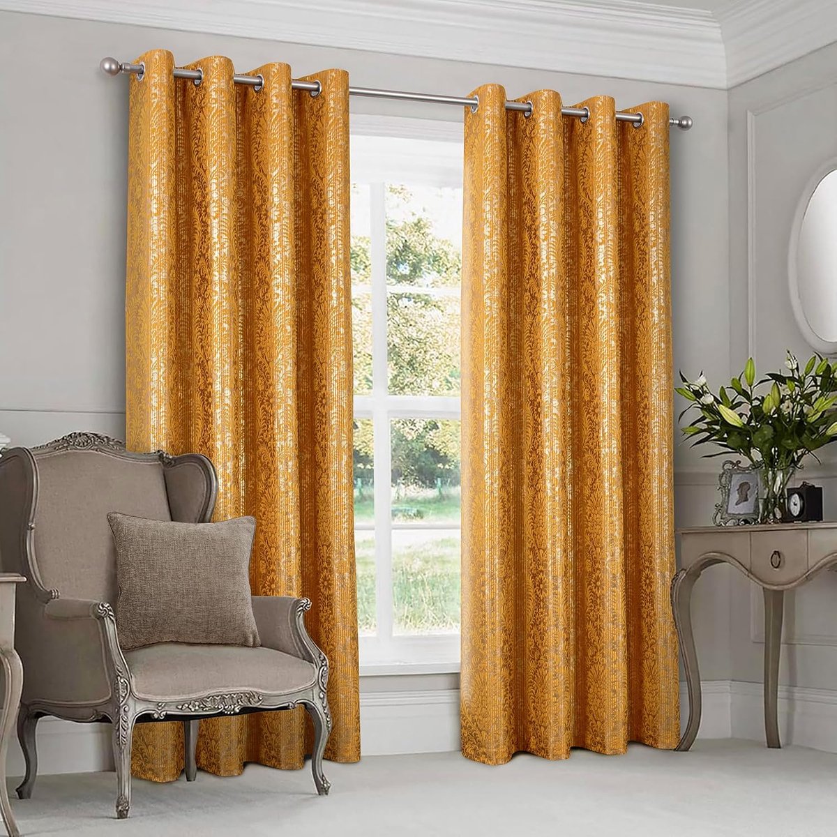 Always4u 100% ondoorzichtige verduisteringsgordijn met gouddruk set van 2, gordijnen met ringen van fluweel, thermogordijnen voor slaapkamer woonkamer keuken, koude-isolerend, geel, 140 x 245 cm