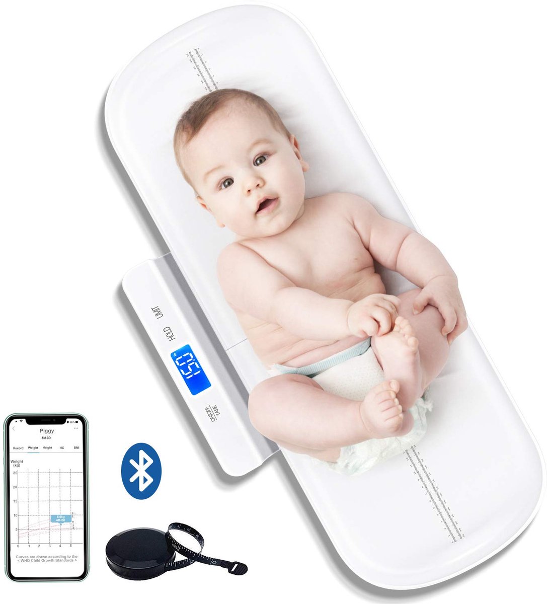 babyweegschaal, multifunctionele babyweegschaal met afneembaar dienblad, babyweegschaal met tarra- en steunfuncties, gratis app en batterijen (max: 100 kg)