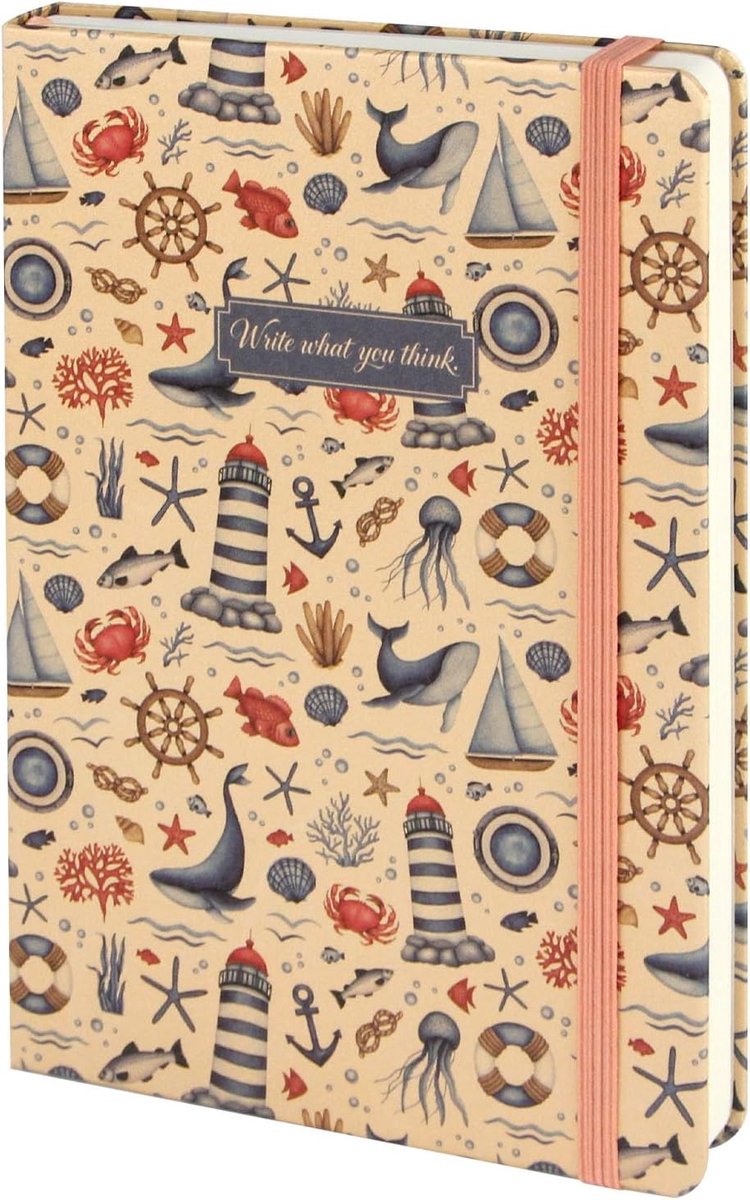Stoffen hardcover notitieboek, 14,2 x 21 cm, 104 vellen 80 g/m² blanco papier, converteerbaar naar gelinieerd of raster met schrijfgids, elastische band, achterzak - Lighthouse Bay