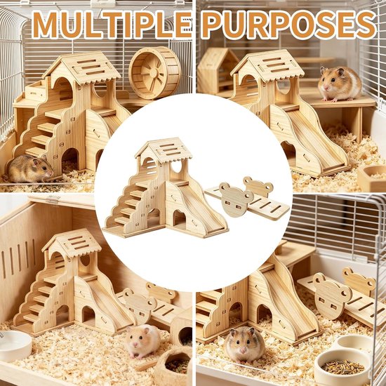 Hamsterhuis van hout, hamsterhuis, meerkamer met trap en wip, meerkamerhuis, hamsters, knaagdieren, cavia's, accessoires voor dwerghamsters, goudhamsters, kleine huisdieren — afbeelding 5
