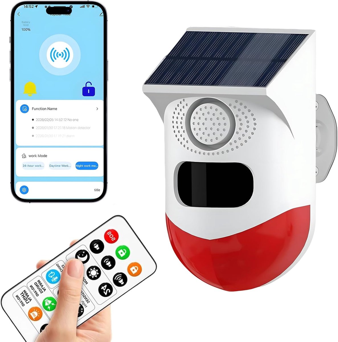 Huisalarm, zonne-alarm met bewegingsmelder, weerbestendig buitenalarm, 0 ~ 120 dB volume, afstandsbediening, tijdsinstelling, met afstandsbediening, 3 modi
