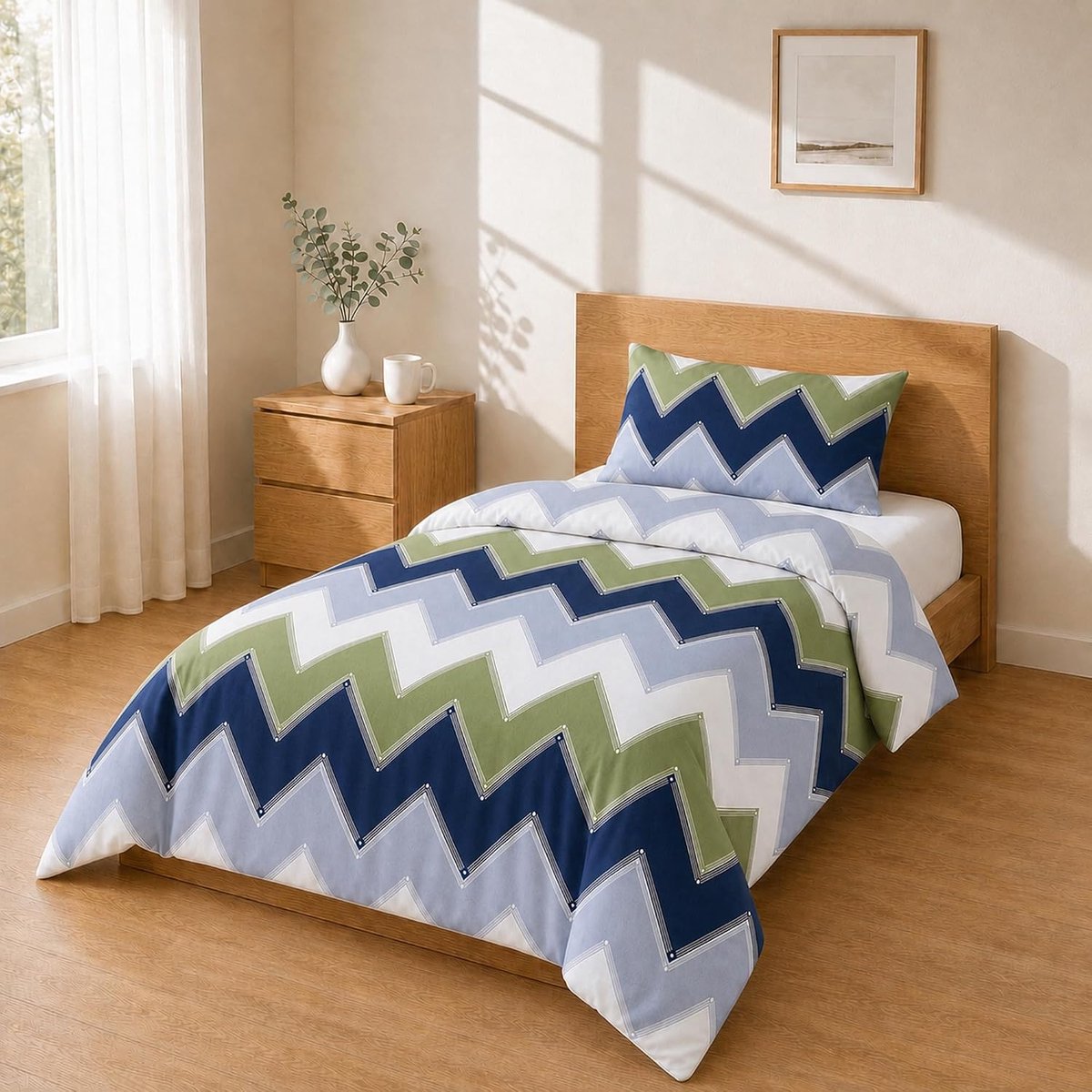 Dekbedovertrek 140x200 + 50x80 1PCS, Chevron Marineblauw Groen Grijs