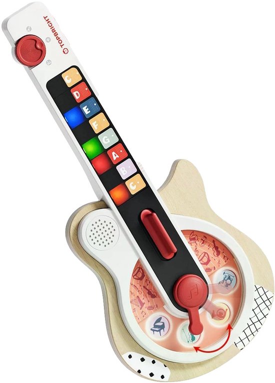Houten Topbright gitaar met witte toets, gekleurde toetsen (C-D-E-F-G-A-B-C), rode hendel en draaiend middenstuk met muzieknoten.