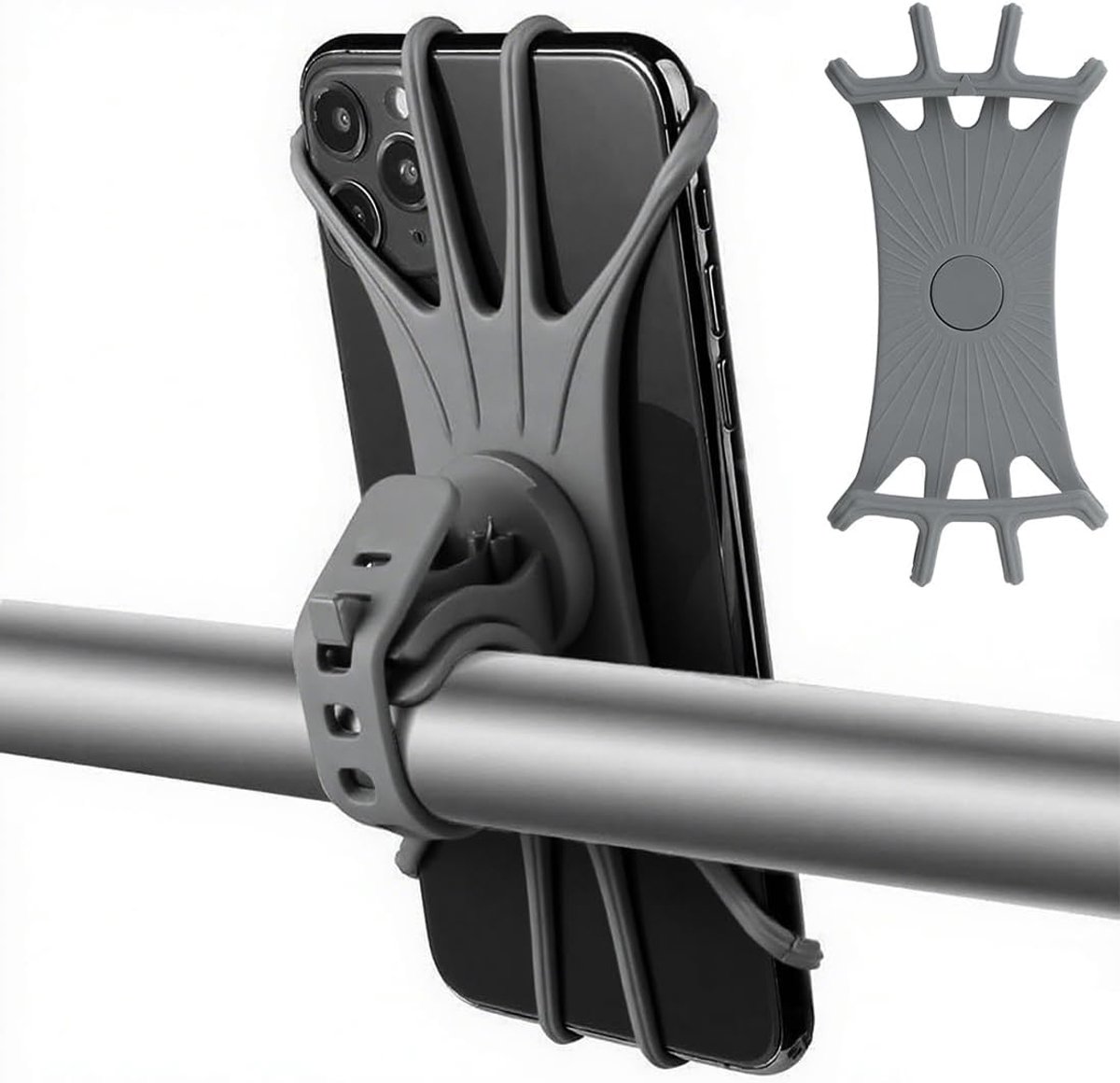 Telefoonhouder voor fiets, 360 graden rotatie, mobiele telefoonhouder voor motorfiets, anti-vibratie, afneembare houder, verstelbaar, siliconen, 11,4 - 17,8 cm, grijs