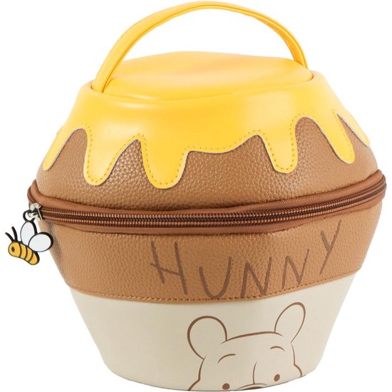 Trousse de maquillage marron et jaune en forme de pot de miel, avec texte 'Hunny' et un abeille comme tirette.